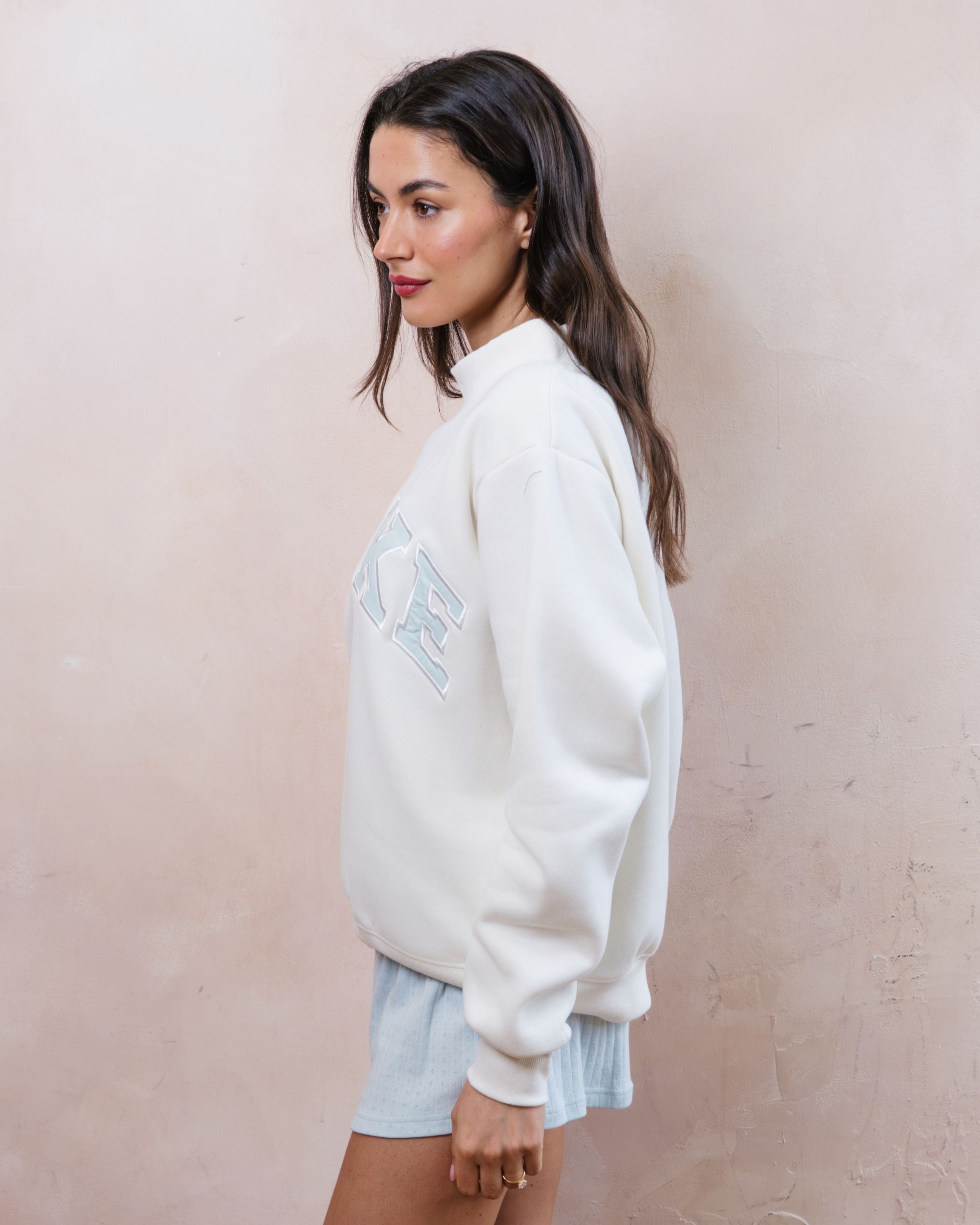 Bridal Varsity Mockneck - Pearl + Pale Blue