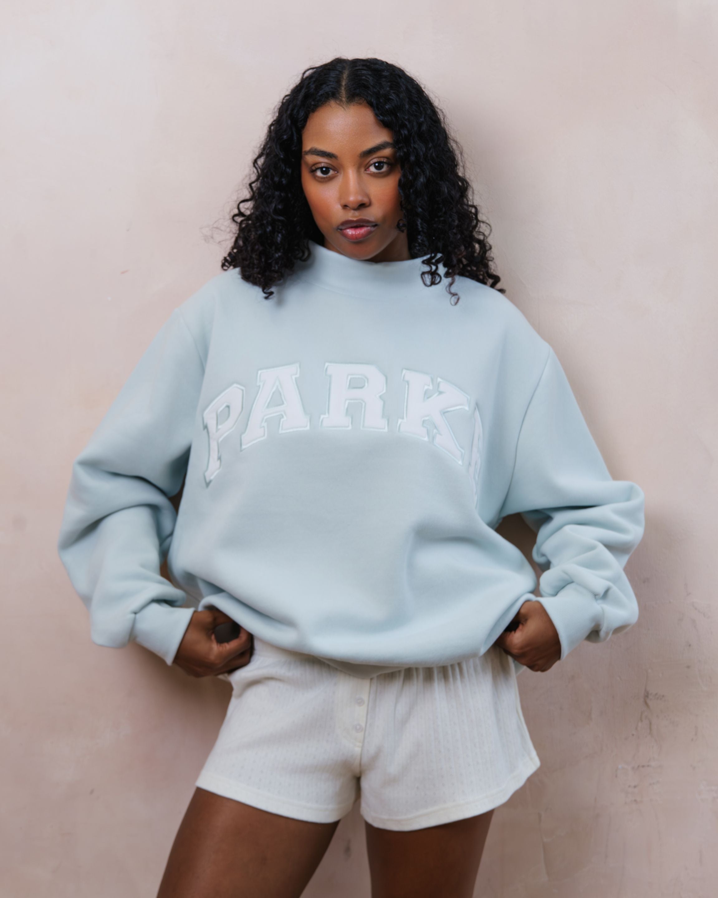 Bridal Varsity Mockneck - Pale Blue + White