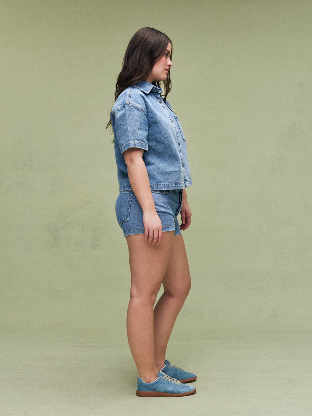 Cropped Short Sleeve Denim Shirt - Vintage Wash