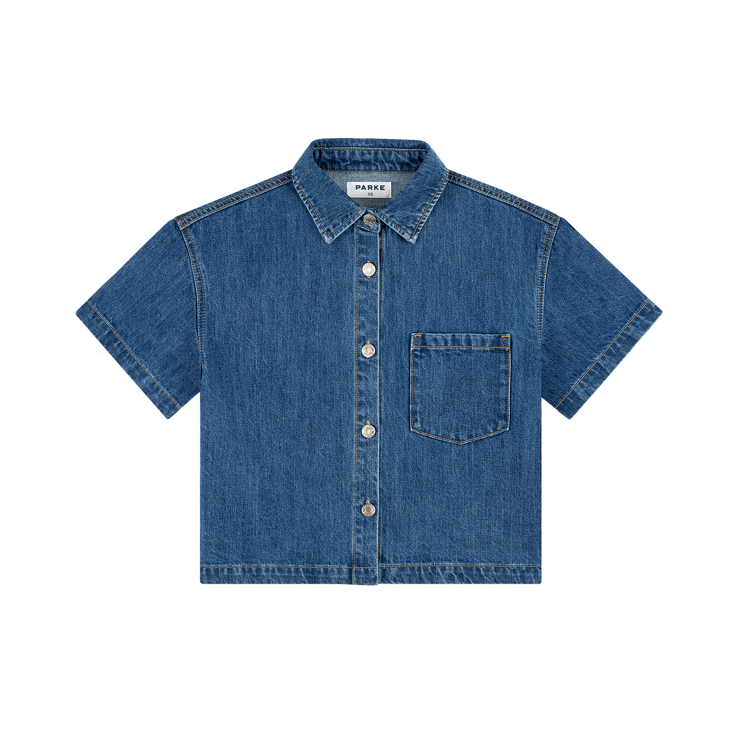 Cropped Short Sleeve Denim Shirt - Medium Wash